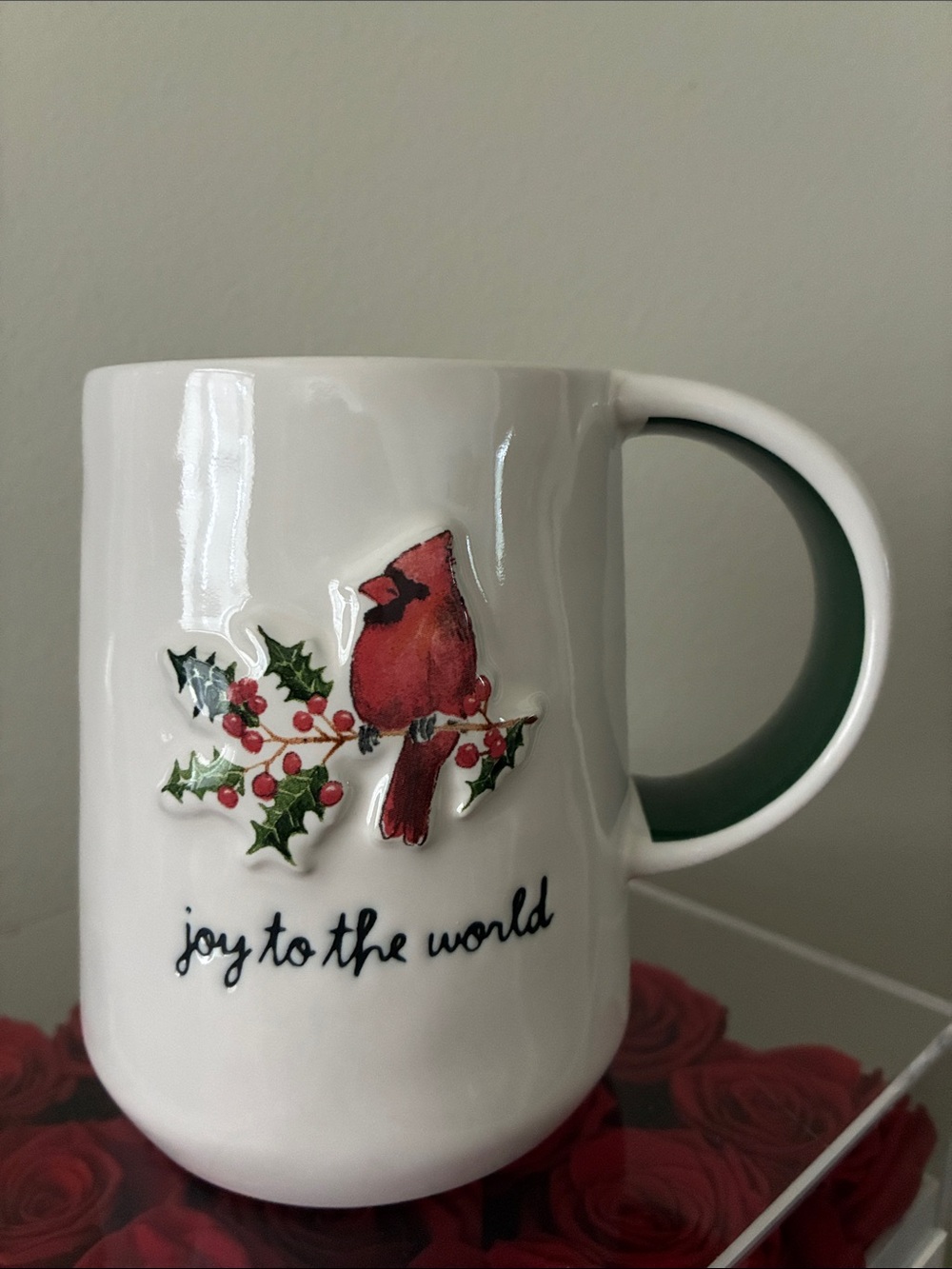 Rae Dunn White Mug with Red Cardinal and Green Accent  Script “ joy to the world